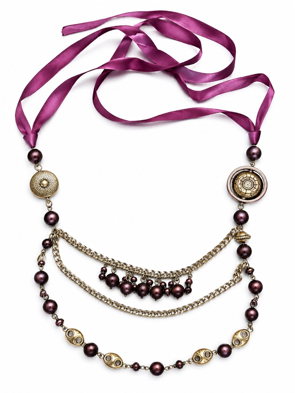 Boho Multi-Strand Purple Beaded Ribbon Necklace Antique Gold Tone Statement